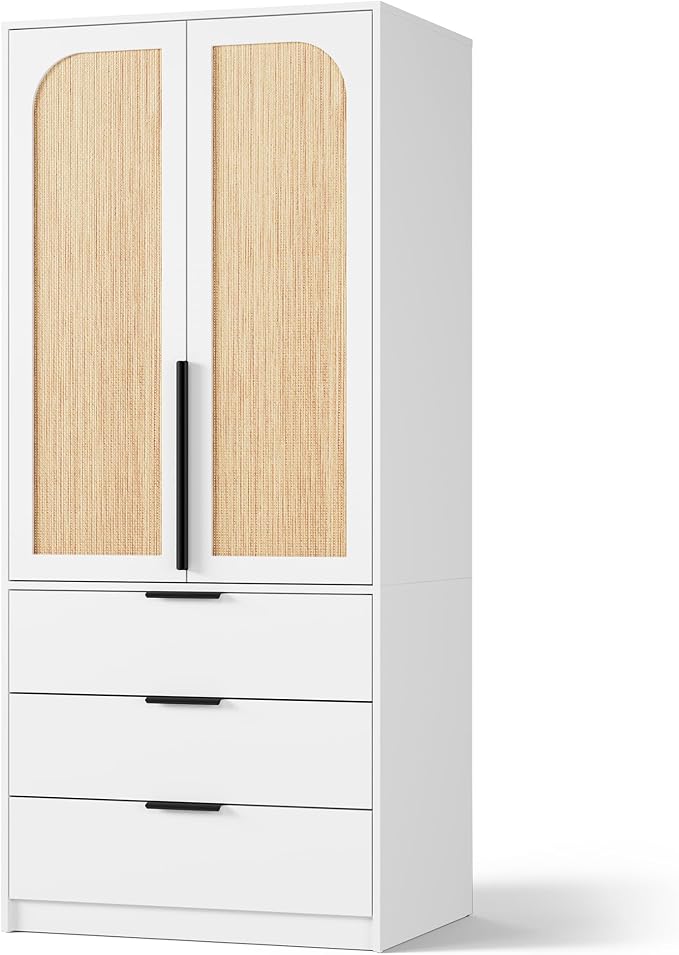 GarveeHome Armoire Wardrobe Closet, 69.5 in Wooden Wardrobe Cabinet with 3 Drawers, Hanging Rod, 2 Doors Clothing Storage Cabinet for Bedroom, Large Capacity Storage, Rattan Door, White