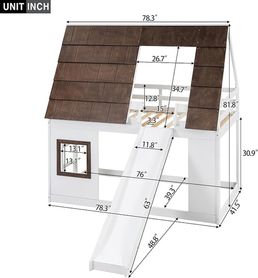 YOPTO Wood Twin Size House Bunk Bed with Roof, Ladder and Slide,Bedroom Low Loft Bed Frame,W/Guardrail,No Box Spring Needed,for Kids,Teens,Girls,Boys White+Brown