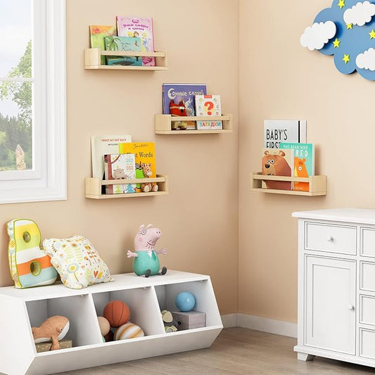 Forbena Natural Wood Nursery Book Shelves Wall Mounted, Floating Bookshelf for Kids Room, Baby Toys and Books Storage Organizer Bookshelves for Toddler Child Bedroom Bathroom (4 Pack Light Wood)