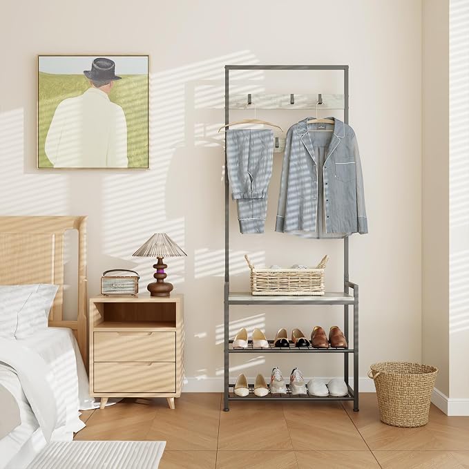 Hall Tree with Shoe Storage Bench - Entryway Bench with Coat Rack and Hooks - 3-in-1 Small Hall Tree for Entry Way, Entrance, Hallway, Doorway, Front Door, Mudroom, Small Space - Greige