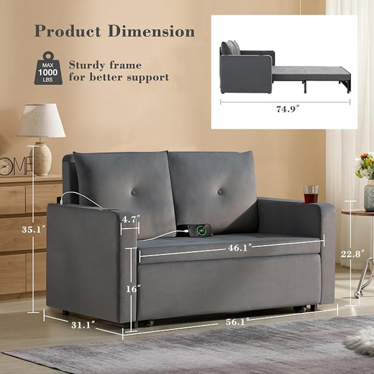 Krcix 3 in 1 Pull Out Couch, 56 Inch Velvet Sofa Bed, Convertible Loveseat Sleeper Sofa for Living Room, Small Space, Upholstered Couch Bed with USB, Cup Holder(Grey)