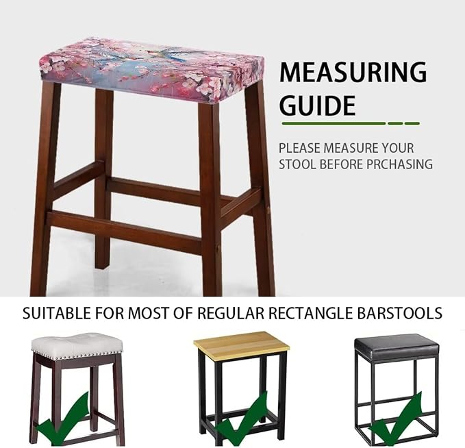 Vanity Stool Covers Bar Stool Covers Set of 2 Cherry Blossom Hummingbird Bar Stool Saddle Seat Covers Rectangle Bench Seat Protector Barstool Covers with Elastic Bands for 14-20 inch Stool
