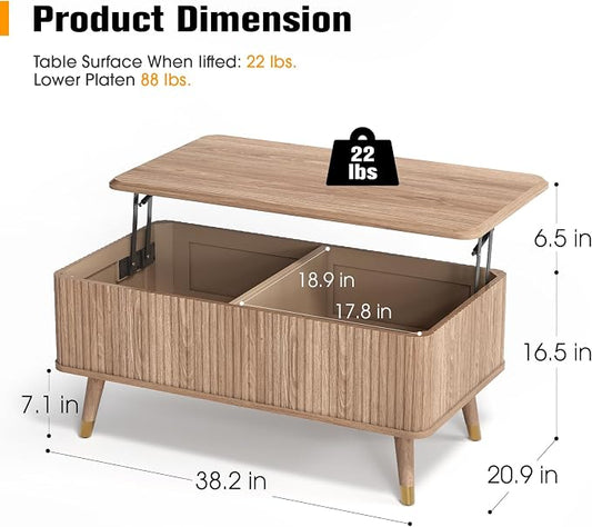 Lift Top Coffee Table with Storage, Mid Century Modern Coffee Table with Solid Wood Legs, 38" Minimalist Fluted Center Table for Living Room, Home Office, Natural Oak