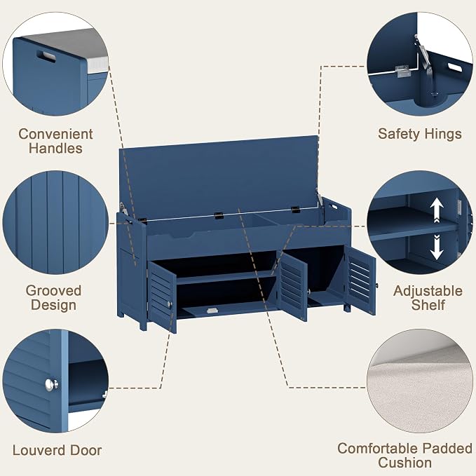 ChooChoo 41.3" Shoe Storage Bench with Lift Top Storage, Entryway Bench with Cushioned Seat, Adjustable Shelf, Shoe Cabinet with Hidden Space, for Entryway, Bedroom, Living Room, Blue