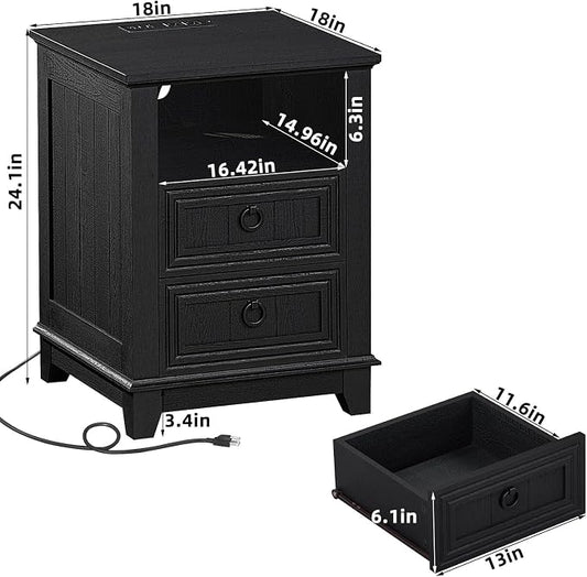 Joaxswe 18" Farmhouse Night Stand with Charging Station, 2 Drawers End Table Dresser for Bedroom, Black Wooden Nightstand, Bed Side Table with Open Shelf, Bedside Cabinet for Living Room, Closet