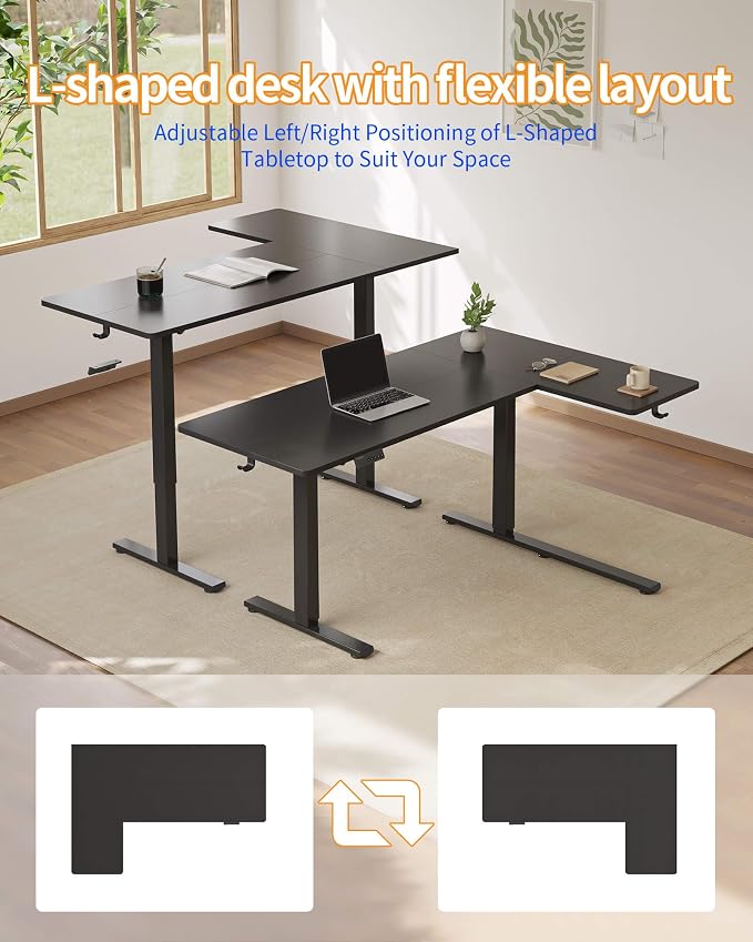 YIHAYO Reversiable L-Shaped Electric Standing Desk, 59 Inches Stand Up Corner Desk, Sit and Stand Up for Work Office Home, Ergonomic Rising Computer Table with Splice Board, Black