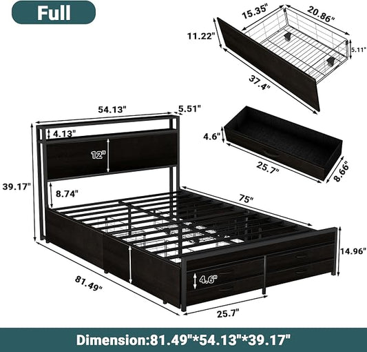 Zevemomo Full Bed Frame with 8 Storage Drawers, Full Metal Bed Frame with LED Light and Charging Station, Heavy Duty Metal Slats, No Box Spring Needed, Black
