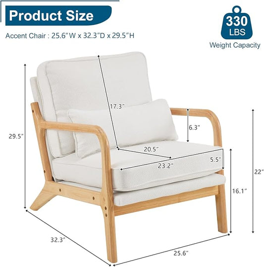 Bonnlo Coarse Linen Beige Mid Century Modern Accent Chair, Soild Wood Padding Lounge Armchairs Side Sitting Chairs for Living Room, Bedroom, Guest Room