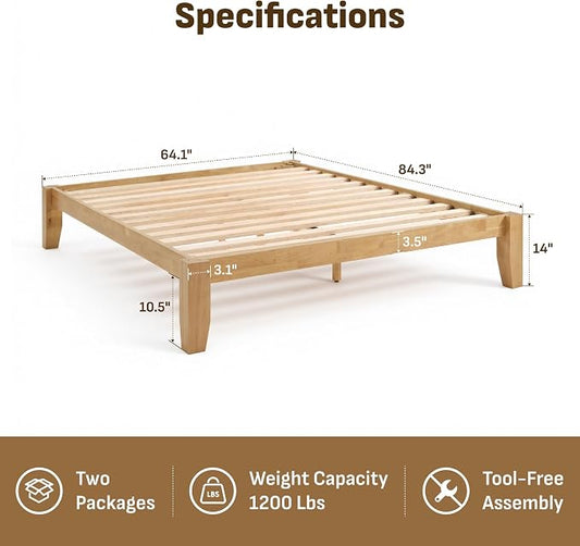 Softa Mikor Queen Japanese Joinery Bed Frame, Solid Rubberwood Platform Bed, 1500 Lbs Heavy Duty Slats Support, SGS Certified, 15Min No-Tool Setup, Under-Bed Storage, No Box Spring Needed, Noise-Free