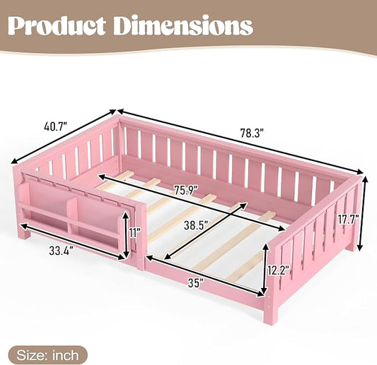 Bellemave Twin Size Floor Bed with high Rails and with Built-in Bookshelf for Kids, Girls, Boys, Wood Montessori Floor Bed Without Door, Pink