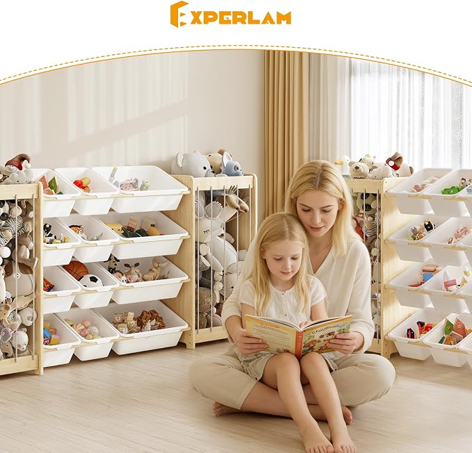 EXPERLAM Large Toy Storage Organizer, Wooden Stuffed Animal Storage & 12-Bins Toy Organizer, Double-Sided Plush Toy Holder Featuring Thicker Ropes, Space Save Playroom Nursery Bedroom Storage, White