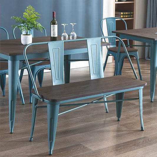 YOLENY Dining Bench, Entryway Bench with Back, Farmhouse Metal Dining Bench, Industrial Mid-Century 3 Person Rustic Spindle Bench, with Wood Seat, Removable Backrest, 42in, Blue
