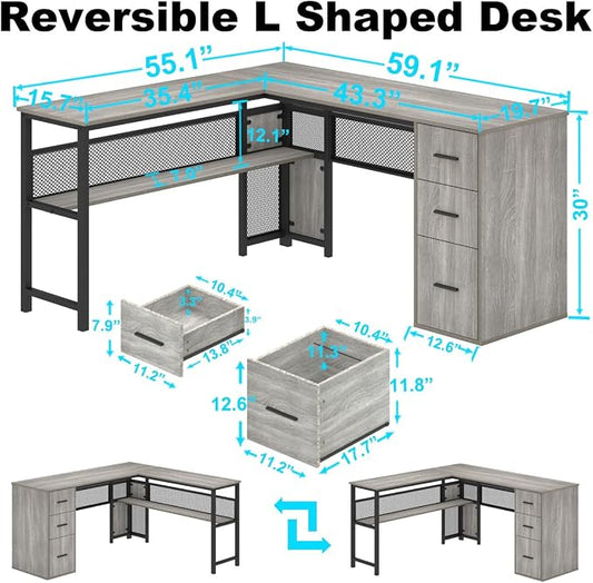 LVB Reversible L Shaped Desk with Drawers, Grey Computer Desk with Storage | 59" Adjustable Modern Executive Office Desks, Adjustable Corner Design for Gaming Spaces and Home Workstations