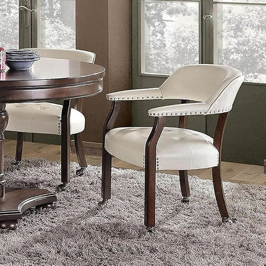 LEEMTORIG Set of 2 Dining Chairs with Casters and Arms, Large Rolling Dining Chairs with Wheels, Poker Chairs, Solid Wood Boss Caption's Chairs, 26"Dx25.2"Wx31.5"H, Espresso Legs & Ivory PU SY-318-WT