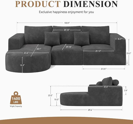 L-Shaped Boneless Couch,104" Couches for Living Room with Curved Chaise,Modular Sectional Sofa with Deep Seat,Modern Cozy Cloud Compression Sofas,No Assembly Required(Gray) 1PCS