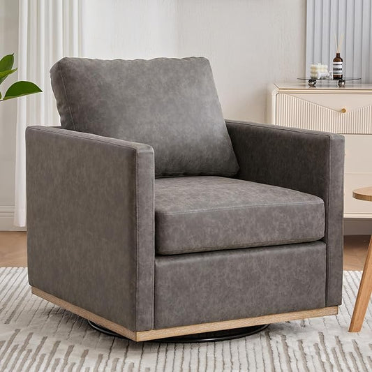 Swivel Accent Chair Set of 2, 360 Degree Square Swivel Chair for Living Room, Mid Century Modern Upholstered Barrel Chair,Comfy Sofa Armchairs for Bedroom,Nursery,PU Leather, Gray