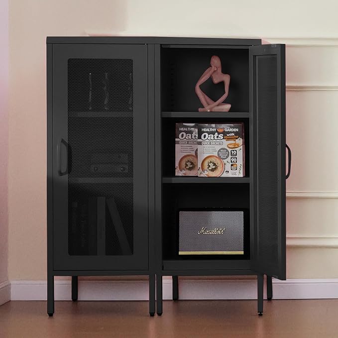 Slim Metal Storage Cabinet with Mesh Doors - 42'' Tall Narrow Organizer Tower, Compact Freestanding Cabinet, Versatile Utility Storage for Home, Office, Kitchen, Living Room, Durable and Modern Design