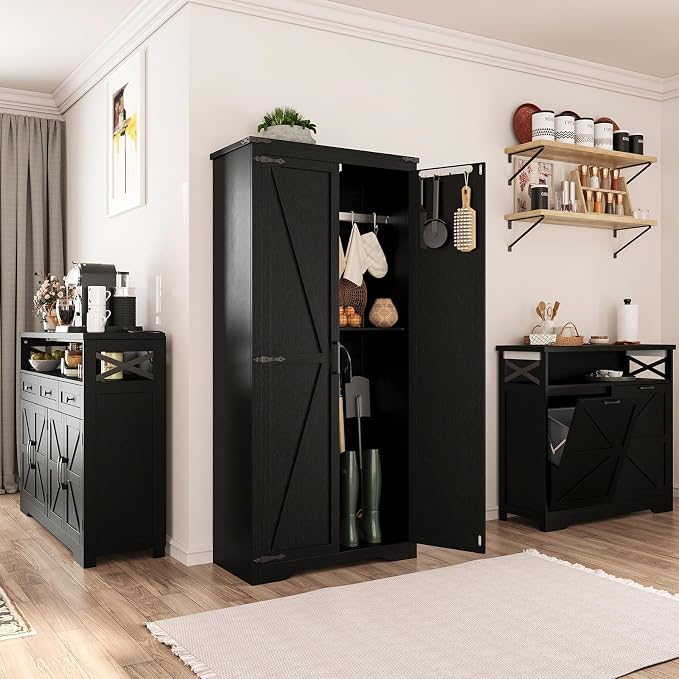 Befrases Black Farmhouse Storage Cabinet with Adjustable Shelves, Large Pantry Organize with 2 Barn Doors, Tall Freestanding Cabinet for Kitchen, Bathroom, Garage, Basement, Living, Utility Room