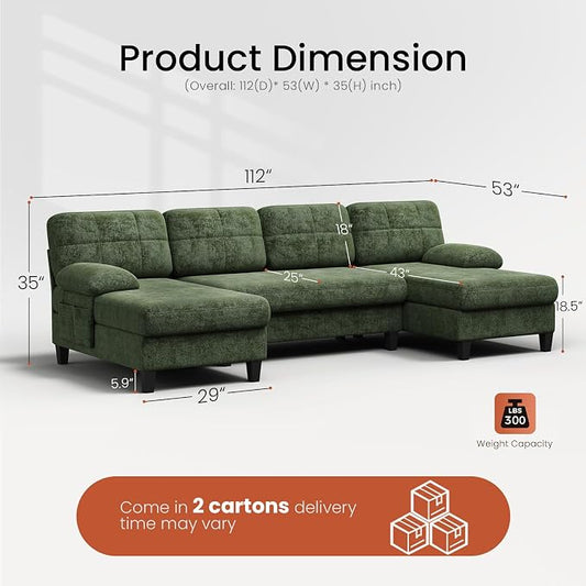KKL U-Shaped Sectional Couch for Living Room | 112" Sectional Sofa with Double Chaise, Modern Sofa Deep Seat Couches for Living Room, Apartment, Office, Green