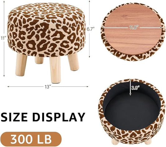 Wimarsbon Storage Ottoman, Modern Round Footrest with Soft Padded Seat, Pattern Velvet Footstool with Wood Legs, Accent Small Table or Plant Stand for Hallway, Living Room (Khaki)