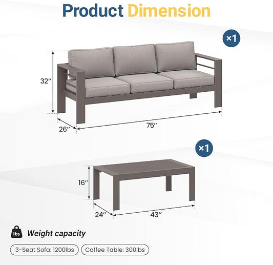 Wisteria Lane Metal Patio Furniture Set for All Weather, Oversized Heavy Duty Outdoor Furniture Set with Upgraded Cushion, Modern Outdoor Patio Couch Set for Garden, Balcony, Backyard, Kahki Gray