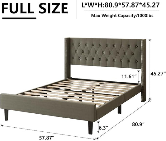 HAOARA Full Size Bed Frame, Upholstered Platform Bed with Wingback Headboard, Velvet Button Tufted, Easy Assembly, No Box Spring Needed, Green
