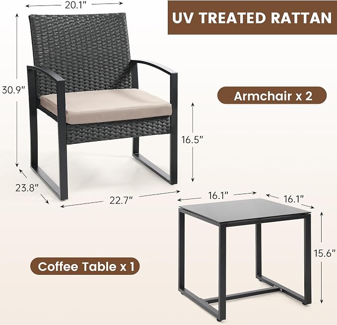 Murago 3 Piece Wicker Patio Bistro Set, Rattan Conversation Set with Coffee Table, for Balcony, Porch, Garden, Yard, Poolside, Black Frame with Beige Cushion