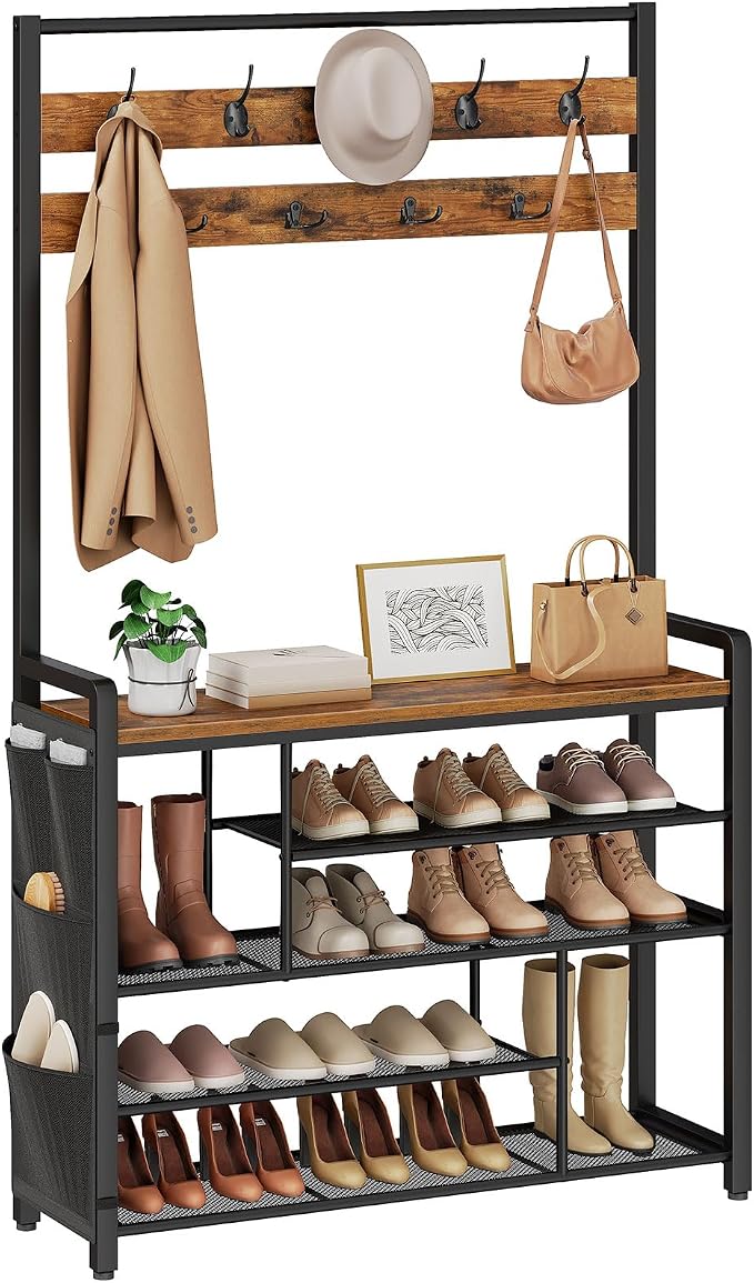 HOOBRO Hall Tree with Bench, Shoe Rack with Coat Rack, 39.4" Coat Rack with Shoe Storage, 5 Tier Shoe Storage Organizer, Oxford Fabric Side Pockets, Coat and Shoe Rack Entryway, Rustic Brown BF46MT01