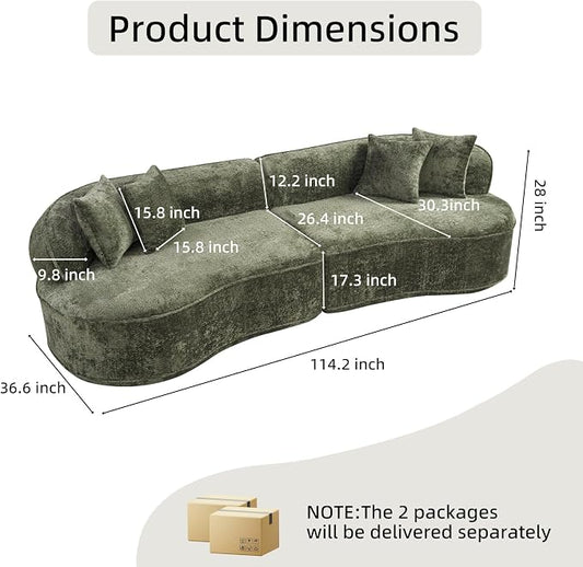 114" Curved Sectional Sofa Couch,4 Seater Oversized Boneless Cloud Couch with 4 Throw Pillows,Modern Round Couch Sofa,Comfy Deep Seat Chenille Memory Foam Sofa for Living Room (Green, 114.2 Inch)