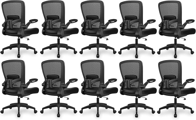 FelixKing Office Chair, Ergonomic Desk Chair Breathable Mesh Chairs Adjustable High Back Lumbar Support Flip-up Armrests, Executive Rolling Swivel Comfy Computer Chairs Home Office Black, Pack of 10
