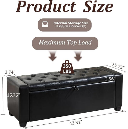 Royal Windsor Ottoman with Storage,Tufted Storage Bench with Safety Hinge,Holds up to 350 lb,Upholstered Bench with Seating for Bedroom, Living Room,Entryway,Leather Black
