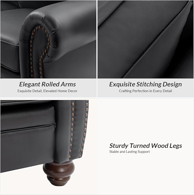 60" Wide Genuine Leather Chesterfield Loveseat, 2 Seat Leather Sofa with Rolled Arms, Nailhead Trim for Living Room Furniture, Easy Assembly – Black
