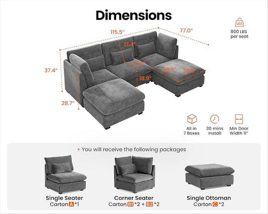115" Oversized Chenille Couch Modular Sectional Sofa, Washable Cloud Couch Sectional with 2 Ottoman, 5 Seater Sectional Couches for Living Room, Fully Cover Removable, U Shaped, Chenille, Grey