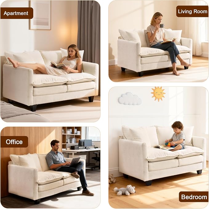 50'' Loveseat Sofa Cloud Sofa Couch, Modern Loveseats 2 Seat Couch 27" Deep Seat with 2 Pillows for Small Spaces Apartment Studio Office Bedroom Living Room, Beige