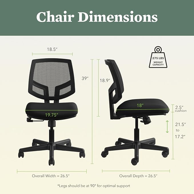 HON Volt Ergonomic Office Chair with Mesh Back, Armless Fabric Desk and Computer Chair with Center‑Tilt Recline and Wheels for Home Office or Workstation, Black