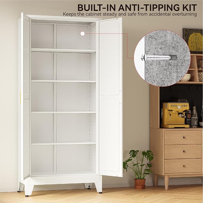 COFaR 71" Metal Pantry Cabinet with 5 Adjustable Shelves, White Storage Cabinet with Doors, Sturdy Freestanding Cupboard for Kitchen Organization, Living Room & Bathroom