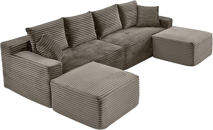 115" U-Shaped Cloud Sectional Couch, Modular Compressed Boneless Sectional Sofa W/Reversible Ottoman Chaise Lounge, Plush Corduroy Boneless Symmetrical Sofa for Living Room