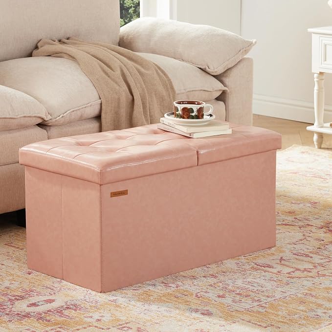 HAUSFRAU - 30 Inches Storage Ottoman Bench with Flipping Lid, Foldable Storage Chest Foot Rest for Living Room, Bedroom, Entryway, Load 660 lb, Synthetic Leather, Pink