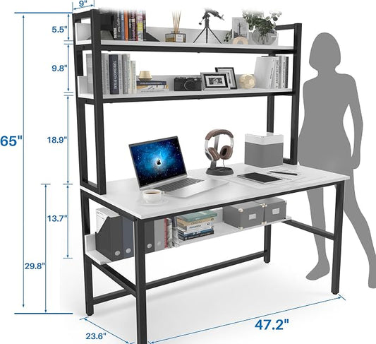 Aquzee Computer Desk with Shelves, 47" W x 23.6" D Gaming Desk with Hutch and Bookshelf, White Study Table for Bedroom Space Saving with 3 Tier Storage Shelf, Home Office Desk for Writing Work