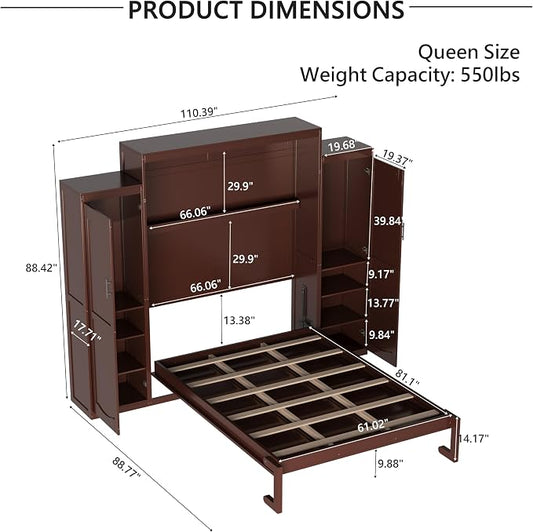 Merax Queen Size Wood Murphy Bed, with 2 Wardrobe and Storage Shelf, Multifunctional Foldable Wall Platform Bedframe for Guest-Room, Bedroom, Walnut