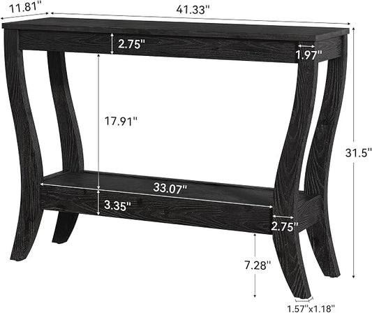 Solid Wood Console Table with Storage, 41.3-Inch Farmhouse Entryway Table with Shelf, 2-Tier Wooden Sofa Table for Living Room, Hallway, Foyer (Black)