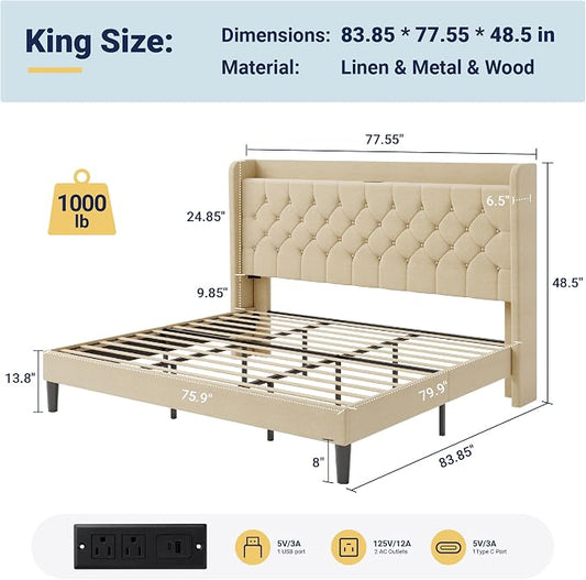 Allewie King Size Bed Frame, Storage Headboard with Charging Station,Wingback Linen Upholstered, Diamond Stitched Button Tufted, Sturdy Wooden Slats, No Box Spring Needed, Easy Assembly, Beige