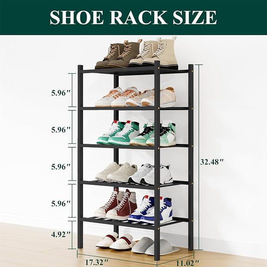 Smiry Small Bamboo Shoe Rack, 5 Tier Free Standing Wooden Shoe Organizer, Stackable Wood Shoe Storage Shelf for Closet, Entryway, 12 Vertical Slats, 2+2+1 Stack Standard Legs, 17.3"x11"x32.5", Black