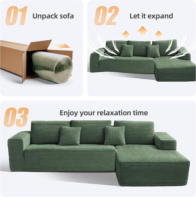 Claiks 110" Boneless Couch, Cloud Couch Sectional, L-Shape Corduroy Modular Sectional Sofa Deep Seat, Upholstered Couches for Living Room, No Assembly Required, Green, Right Facing Chaise