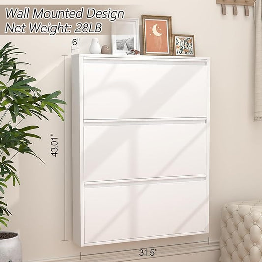 GREATMEET Shoe Rack for Closet, Slim Wall Mounted Metal Cabinet with 3 Flip Drawers, Steel Hidden Shoe Cabinet Storage for Entryway, Modern Narrow Shoe Organizer Cabinet for Mudroom, Hallway, White