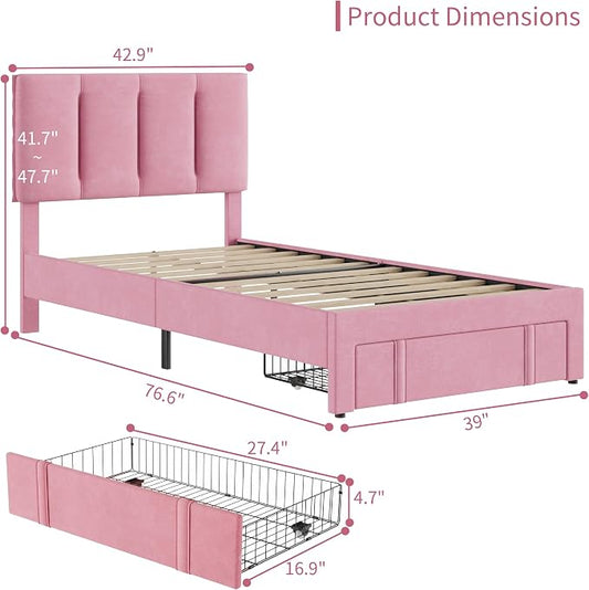 VECELO Twin Size Bed Frame with Storage Drawer, Heavy-Duty Bedframe with Tufted Headboard & Wooden Slats & Steel Framework, No Box Spring Needed, Pink