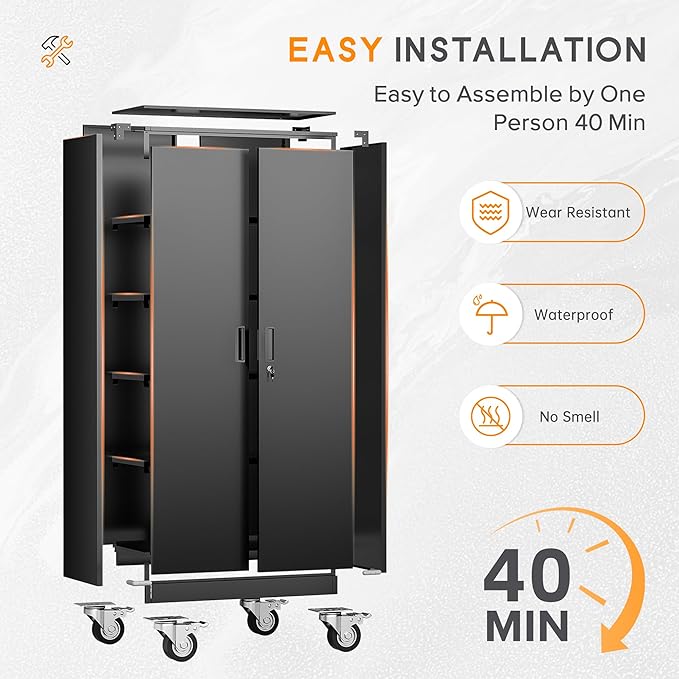 Bonusall 73" Metal Garage Storage Cabinet,Heavy-Duty Rolling Storage Cabinet with Wheels,Assembly Required,Locking Steel Cabinets for Home Office,Warehouse or Workshop-Black