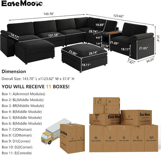 EASE MOOSE Black Sectional Modular Sofa, Oversized U Shape Sectional Couch Wide Deep seat Sectional Sofa,Comfortable Modular Sofa,Removable Washable
