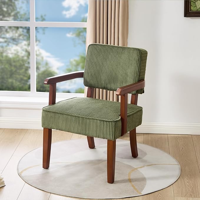 FAGAGA Corduroy Accent Chair, Mid Century Modern Armchairs with Solid Wood Frame, Oversized Reading Leisure Chair for Living Room, Bedroom (Corduroy Green, One Chair)