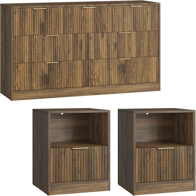 Fluted Dresser & Nightstand Set 3-Piece, 7 Drawer Dressers and Night Stand Set of 2 with Metal Handle, Fluted Mid Century Wood Chest of Drawers Storage Dressers Set for Bedroom, Walnut
